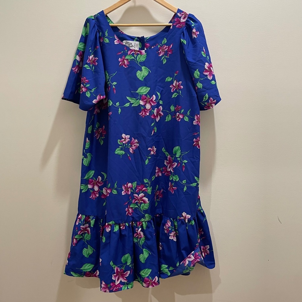 Hilo Hattie Blue Pink Hibiscus Floral Muumuu Dress Ruffle Hem Hawaii Womens